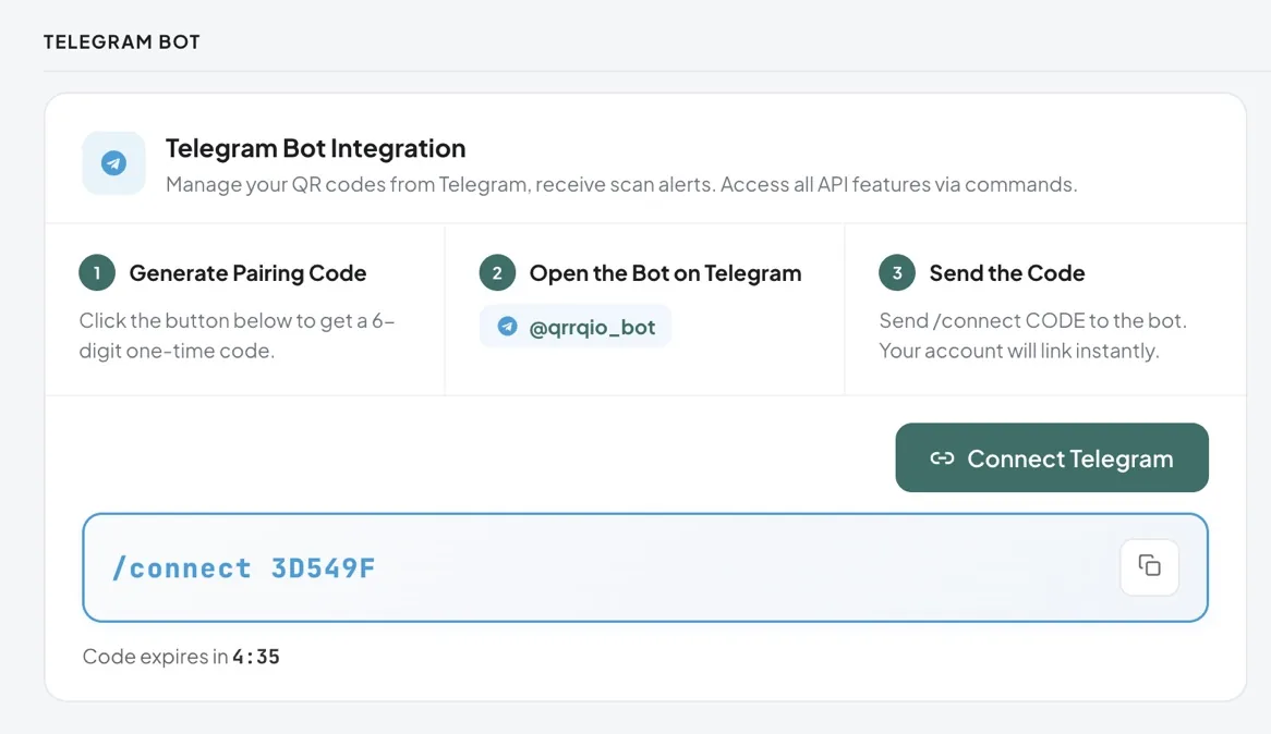 Pantalla de integración de Telegram en el dashboard de QrrQ — generando código de conexión
