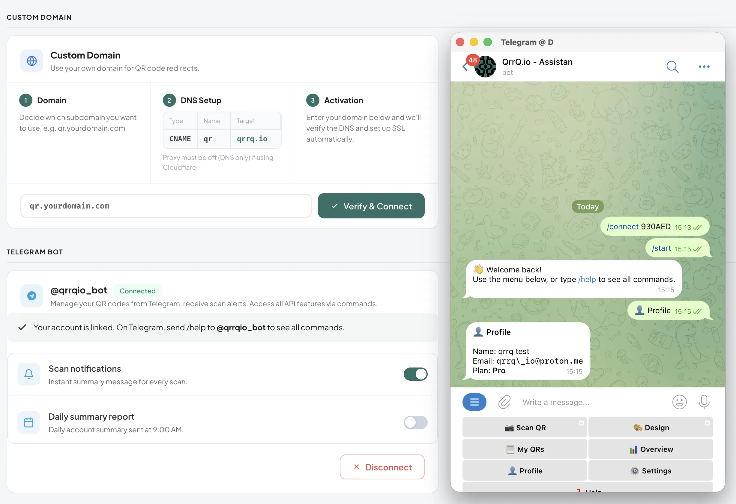 Cuenta conectada con el comando /connect en Telegram, mensaje de bienvenida y menú principal visible
