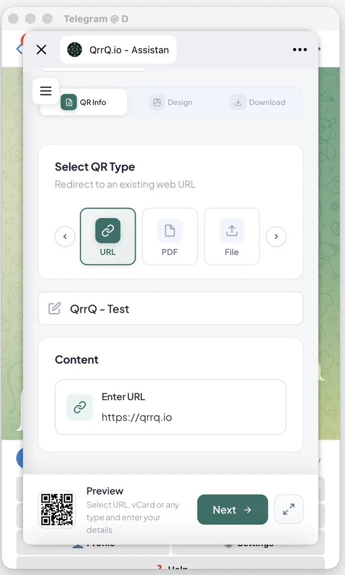 Pantalla de entrada de tipo de QR y contenido en Telegram Mini App