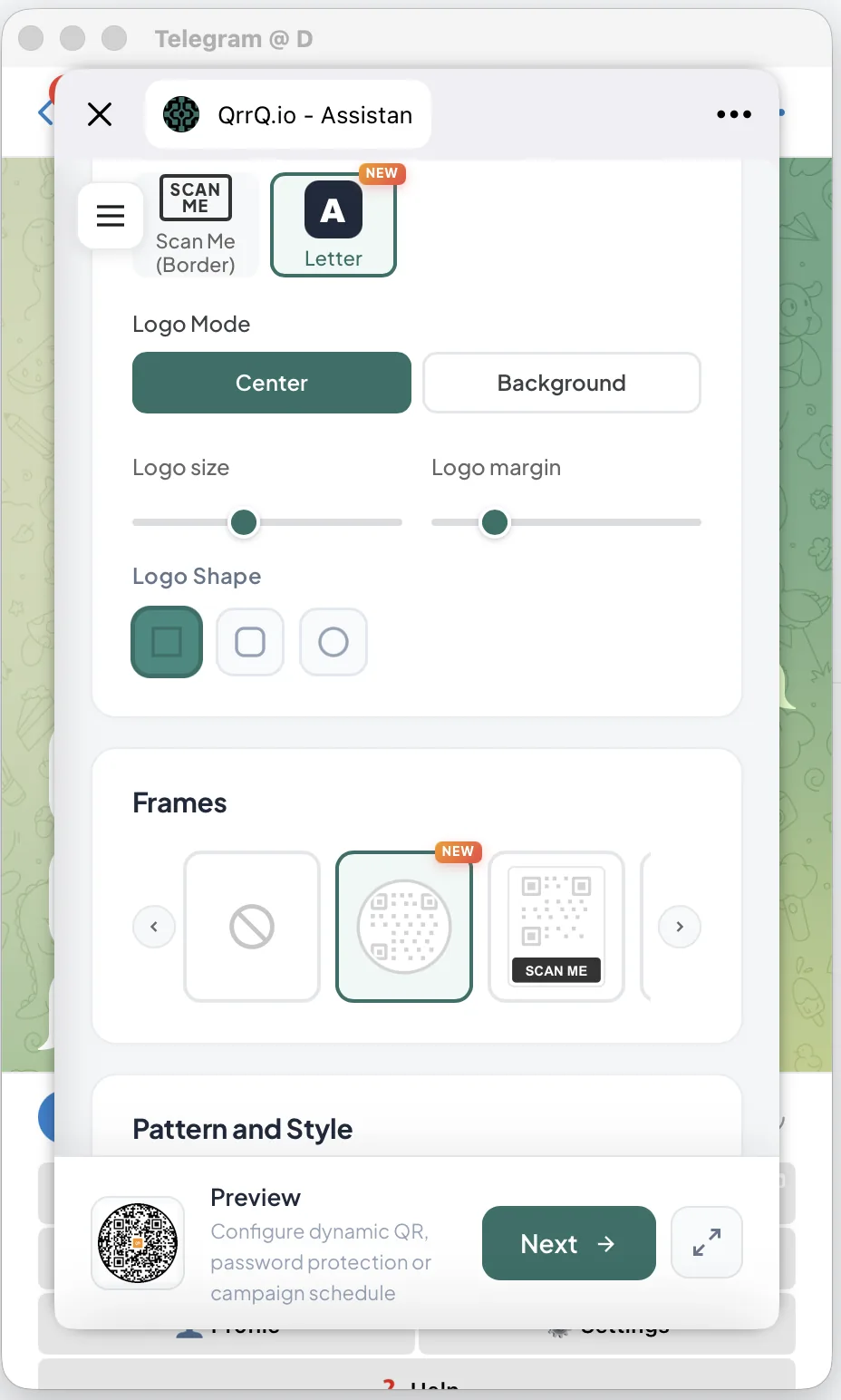 Estudio de diseño de Mini App — selección de logo, marco y patrón