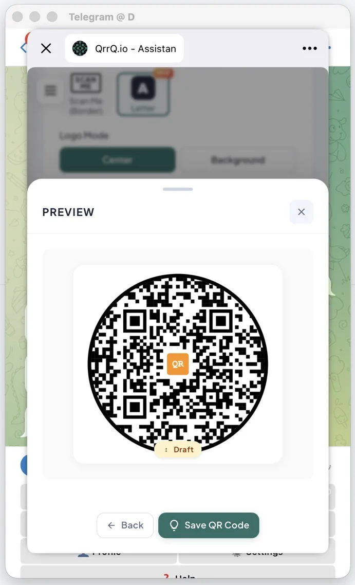 Pantalla de vista previa de QR en vivo y botón Save QR Code