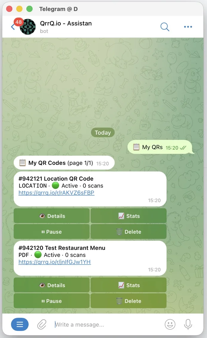 Resultado del comando /list en Telegram con la lista de códigos QR