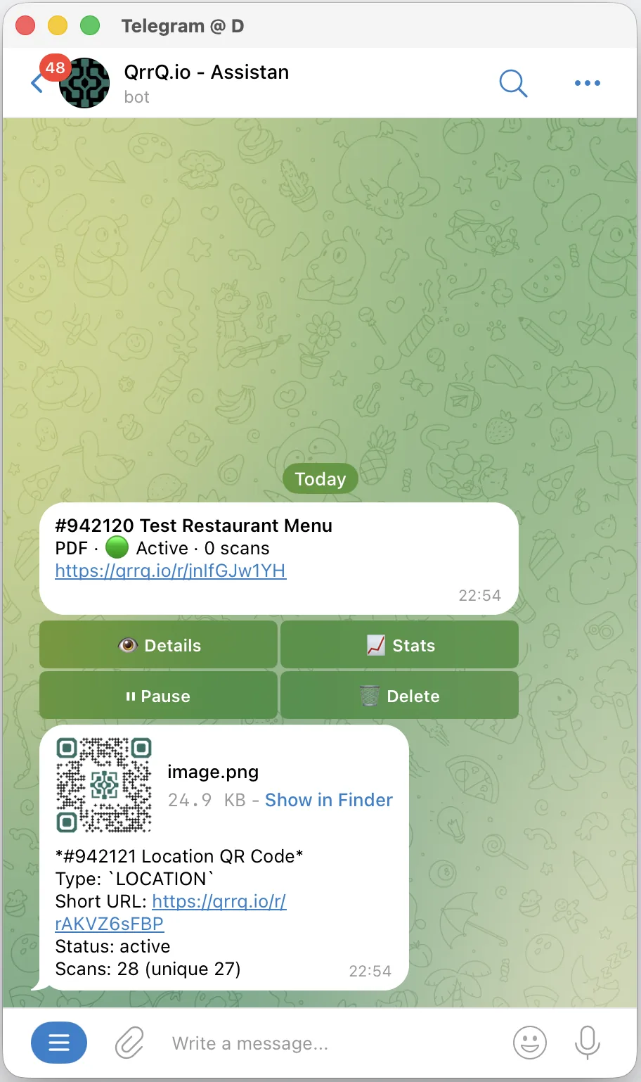 Mensaje de detalles y visual del QR seleccionado en el chat